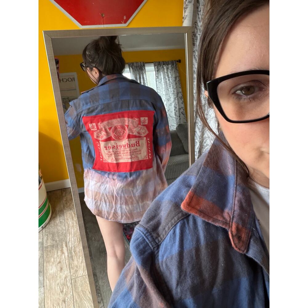 Budweiser beer upcycled custom flannel shirt red graphic tee on back bespoke